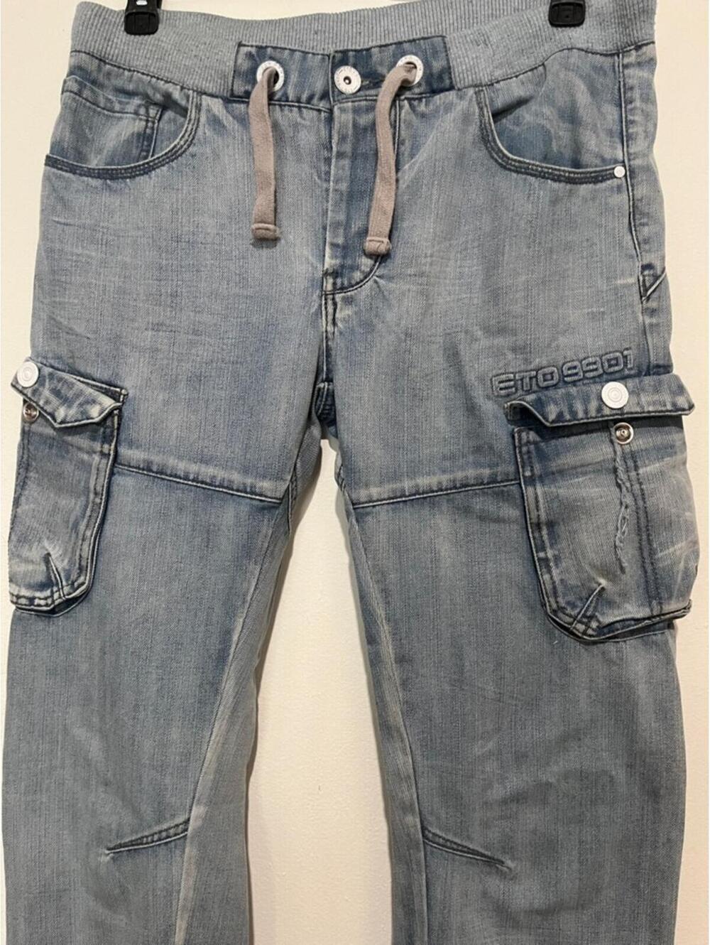 ETO: Men's Relaxed/Straight Light Blue Wash Cargo Denim Jeans